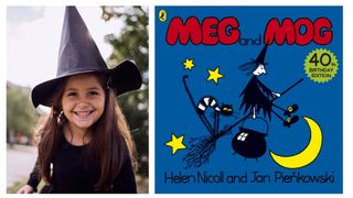 World book day illustrated by Image of a girl dressed alongside Mog and Meg book
