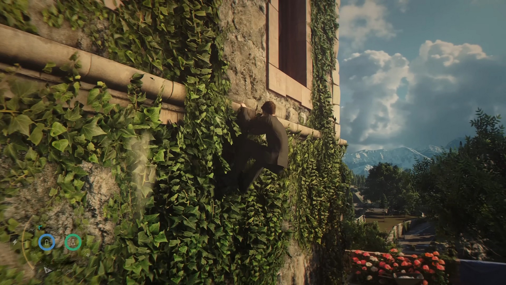 James Bond in 007 First Light sidles across the outside of a stone mansion