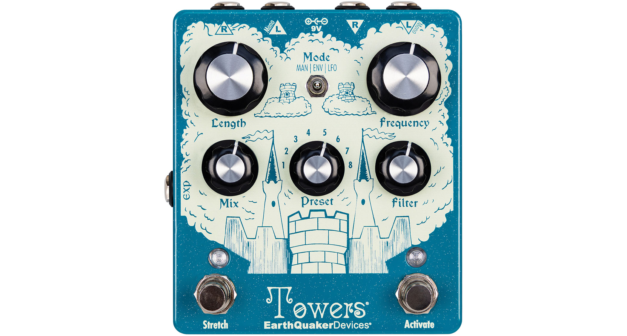 EarthQuaker Devices Towers Stereo Reverberant Filter: a very different take on reverb, the five-knob pedal has dual footswitches, a blue enclosure with cream graphic.