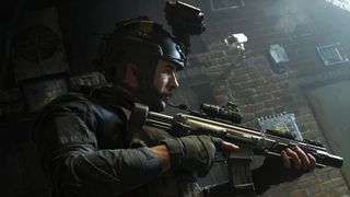 Captain Price moves through a street in Call of Duty Modern Warfare with a brick wall and a CCTV camera