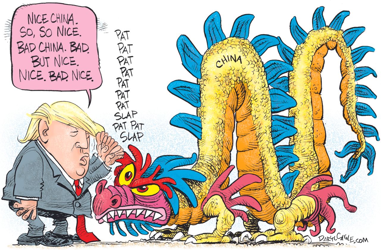 Political cartoon U.S. Trump China visit