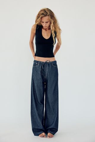 Flowing faux denim trousers