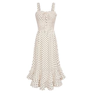 Grace Karin Women Summer Casual Beige Polka Dots Maxi Dresses Smocked Strappy a Line Dress Square Neck S