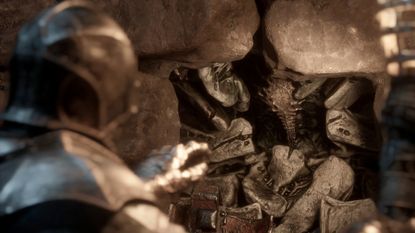 The player reaches out for Vatra's Seal, one of the Mortal Shell 2 Seals, which is embedded in a wall.
