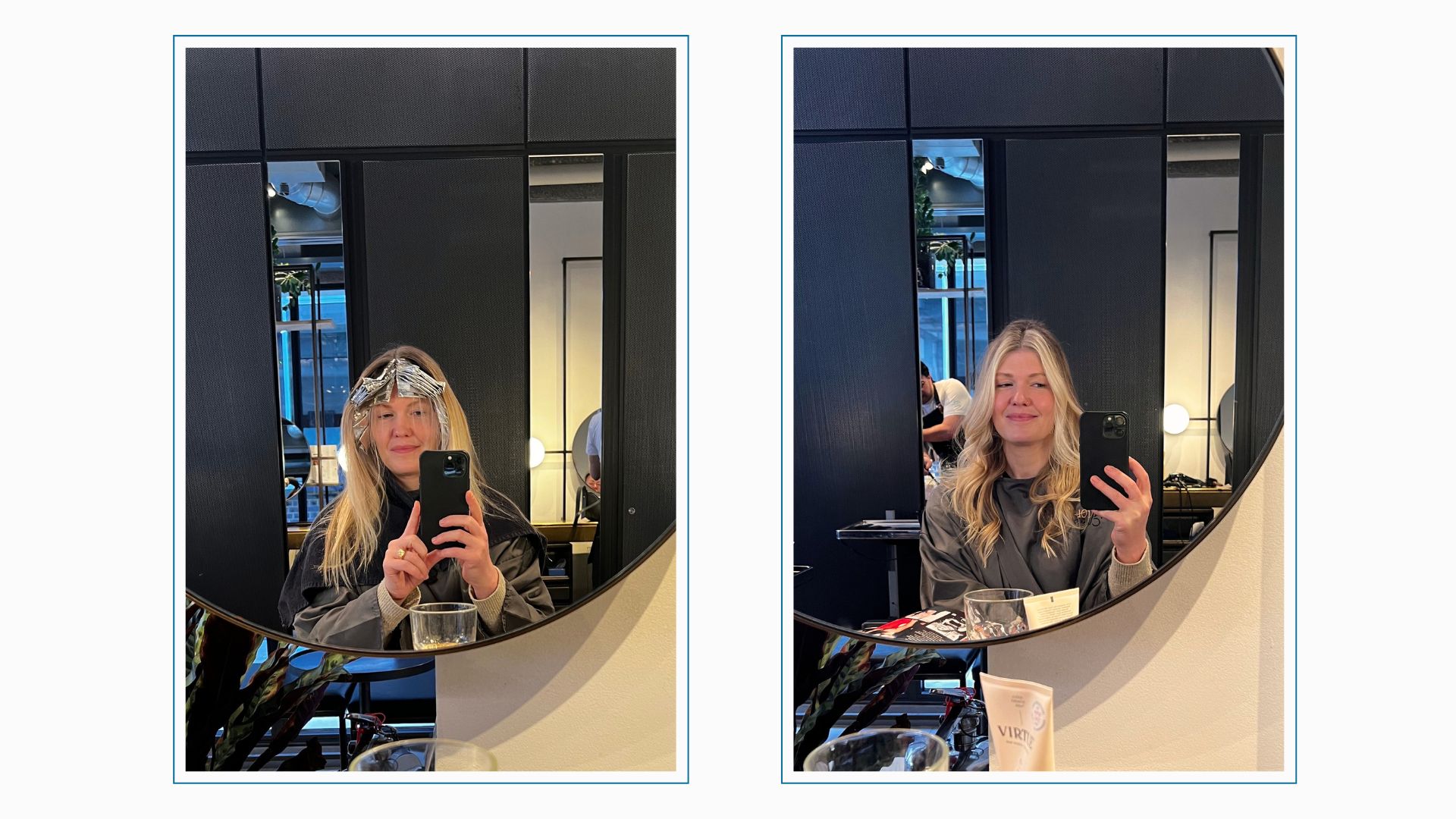 an image of fiona mckim in the salon with foils in her head, then an image of the finished hairstyle with bright streaks at the front