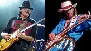 LEFT: Carlos Santana performs at Sleep Train Pavilion on October 12, 2008 in Concord, California.. RIGHT: Stevie Ray Vaughan (1954-1990) performing during his "Soul to Soul" world tour, on August 12, 1985, in Albany, NY.