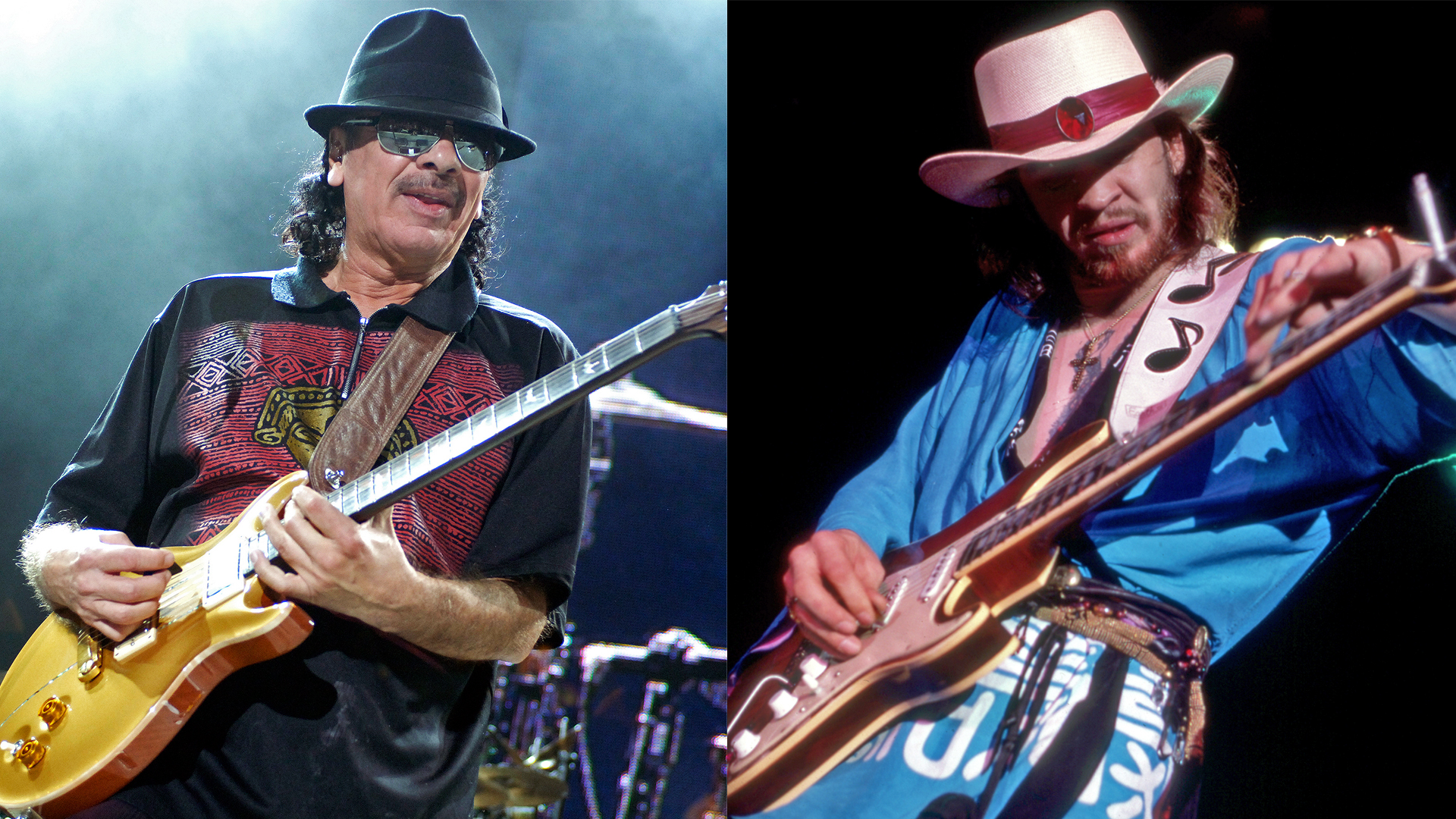 LEFT: Carlos Santana performs at Sleep Train Pavilion on October 12, 2008 in Concord, California.. RIGHT: Stevie Ray Vaughan (1954-1990) performing during his &quot;Soul to Soul&quot; world tour, on August 12, 1985, in Albany, NY. 