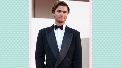 Chase Stokes' girlfriend: Chase Stokes wears a black suit as he attends the "Bones And All" red carpet at the 79th Venice International Film Festival on September 02, 2022 in Venice, Italy/ in a blue/green and pink template