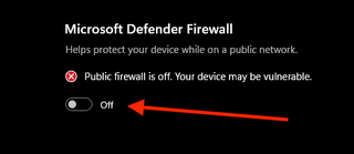A screenshot of a menu in Windows 11 showing a button for turning off the Defender Firewall