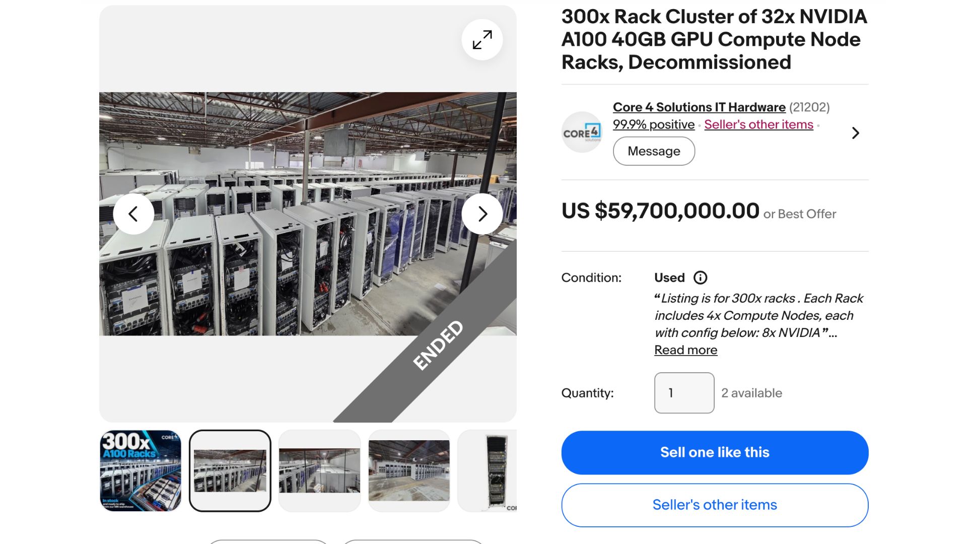 A listing of a $59.7 million rack cluster on ebay from Core 4 Solutions