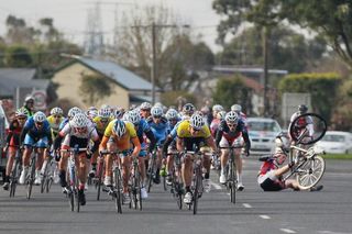 The fast and furious sprint to the stage 4 finish in Yinnar as a rider from SASI comes off second-best