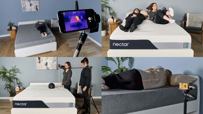 A collage of images showing the memory foam mattress testing process in our sleep lab. Top left, we test thermal imaging by using a phone with a thermal imaging camera, looking down on the mattress on which a member of our testing team lies. Top right, we test motion isolation, as one tester lies on the left side of the bed and the other jumps onto the right side. Bottom left, another motion isolation test, as two testers stand on the right side of the mattress using a tape measure and rig to determine where to drop the slam ball. Bottom right, we test pressure relief using a laser pen, trained on our testers back as she lies in side sleeping position