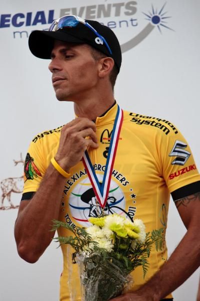 Luis Amaran (Jamis-Sutter Home) happy with the overall leaders jersey.