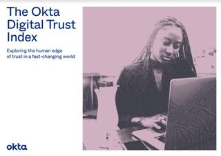 Woman types on a laptop, image is faded purple with title text beside it on white background