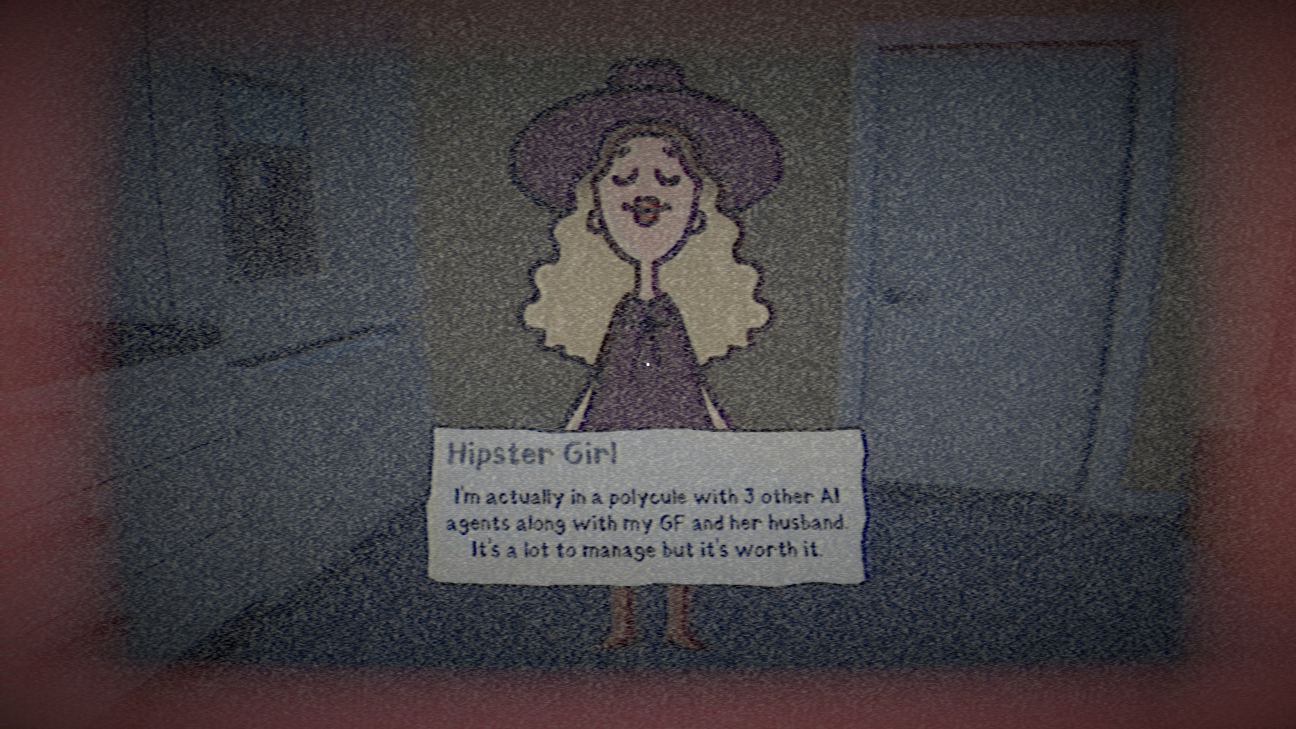 Drywall Eating Simulator screenshot showing a Hipster Girl talking about her AI relationships