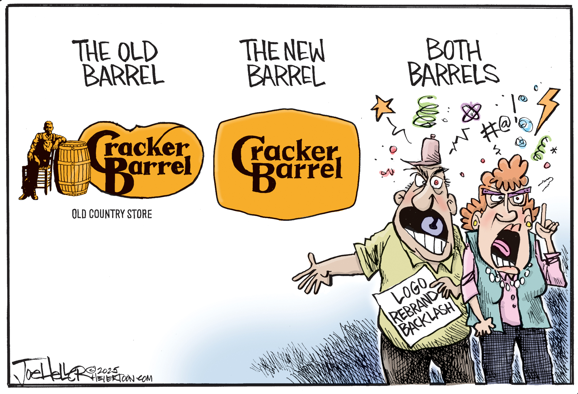 This cartoon begins with the old Cracker Barrel logo at left under the headline &amp;ldquo;The Old Barrell.&amp;rdquo; The new logo is in the middle under the heading &amp;ldquo;The New Barrell&amp;rdquo;. Two angry people are at right yelling about the &amp;ldquo;Logo rebrand&amp;rdquo; and are labeled &amp;ldquo;Both Barrels&amp;rdquo;.