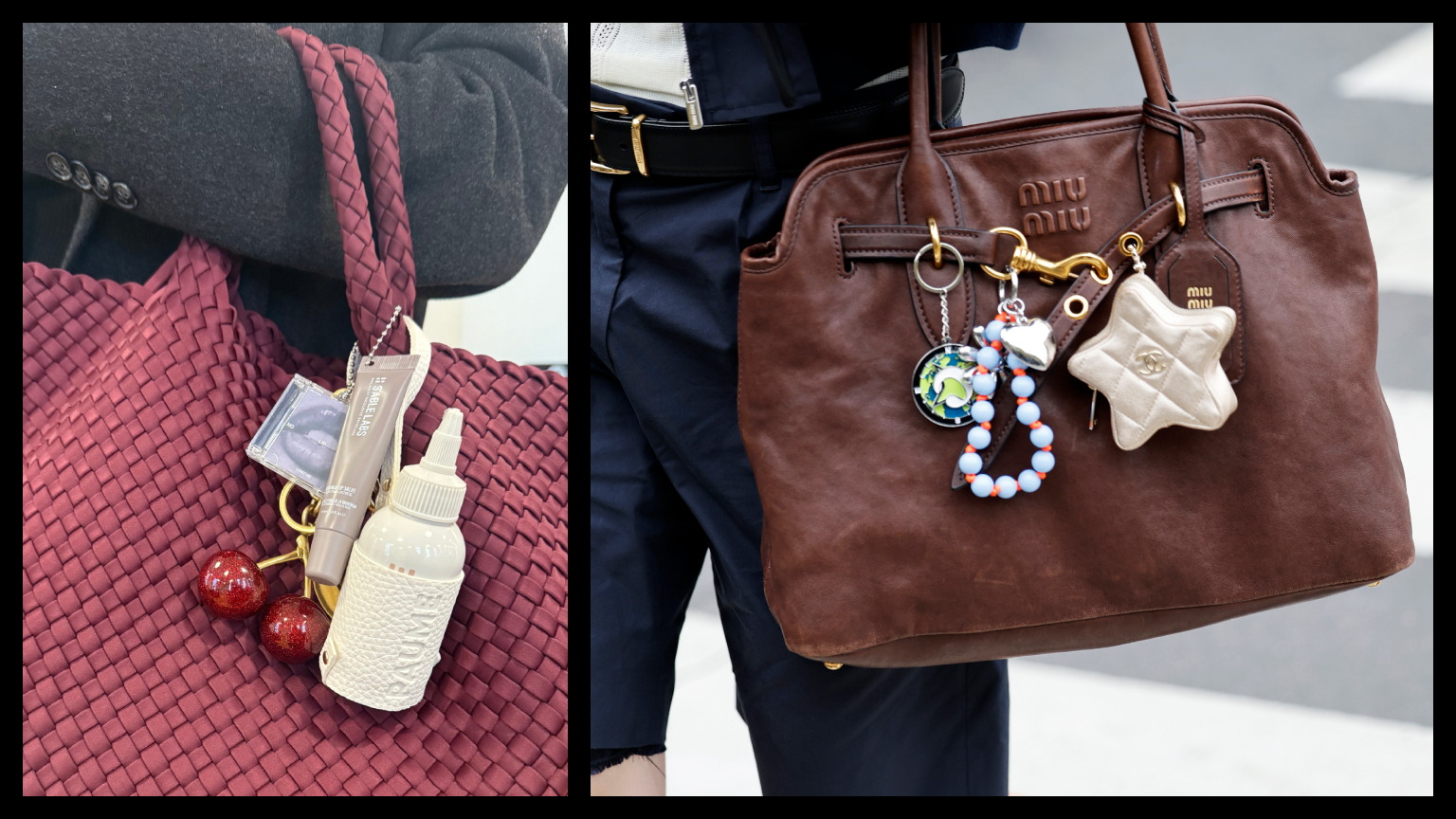 beauty bag charms and keychains on two brown bags in a side-by-side photograph