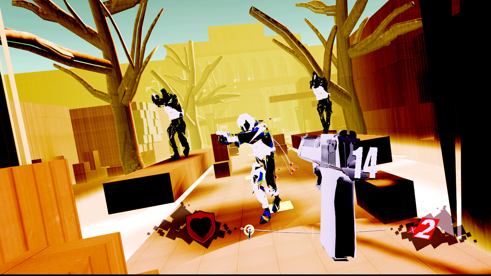 A group of enemies are unaware that the player's character is ready to shoot them in Pistol Whip