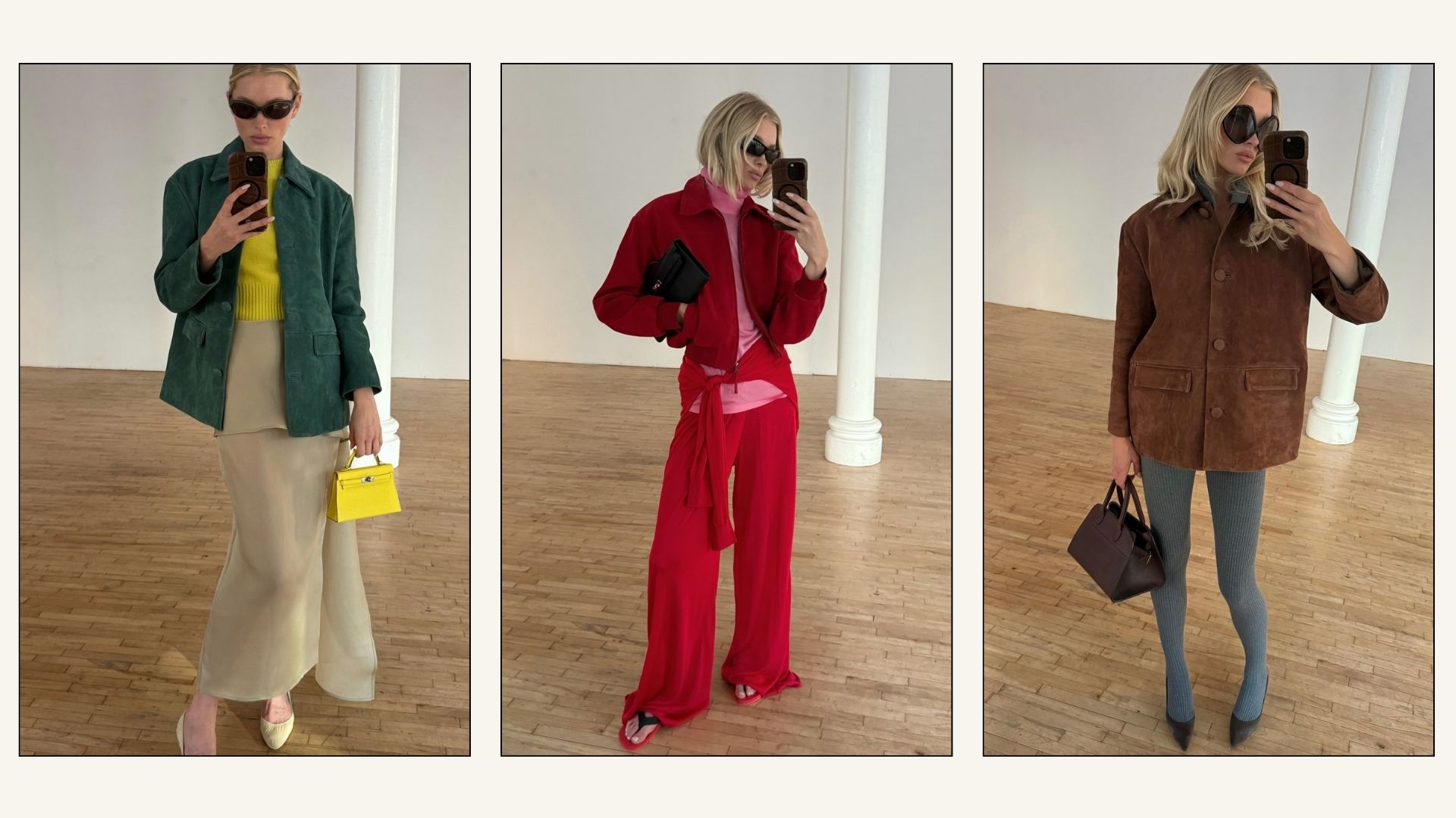 Collage of Elsa Hosk wearing autumn colour combinations.