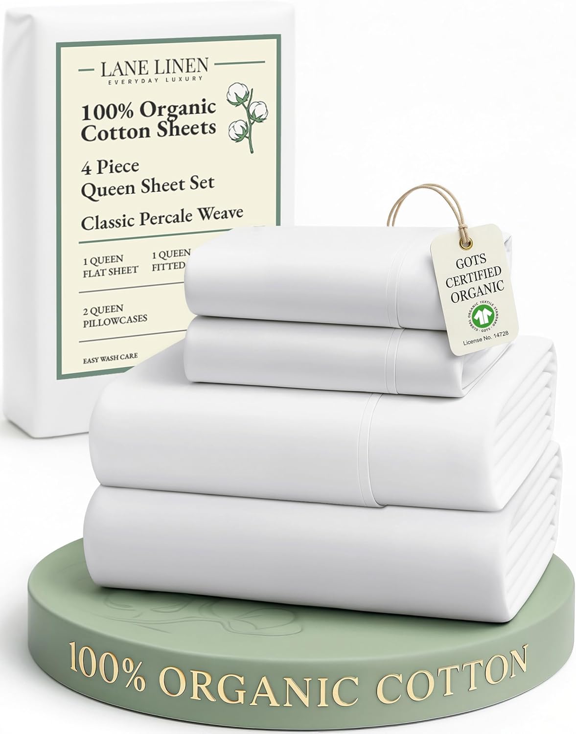 Lane Linen Eco Friendly 100% Organic Cotton Queen Sheet Set, Soft &amp;amp; Comfy Fully Elasticized 15&quot; Deep Pocket Bed Sheets, Low Pill Naturally Cooling Machine Wash S&amp;aacute;banas Queen- White Bed Sheets