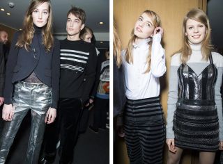 4 models wearing silver jeans with short black jacket, black trousers and black sweater with silver stripes, silver and black striped trousers with white shirt, short sliver and black dress