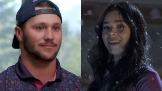 Josh Allen is interviewed, while Kate Bishop (Hailee Steinfeld) smiles on Hawkeye