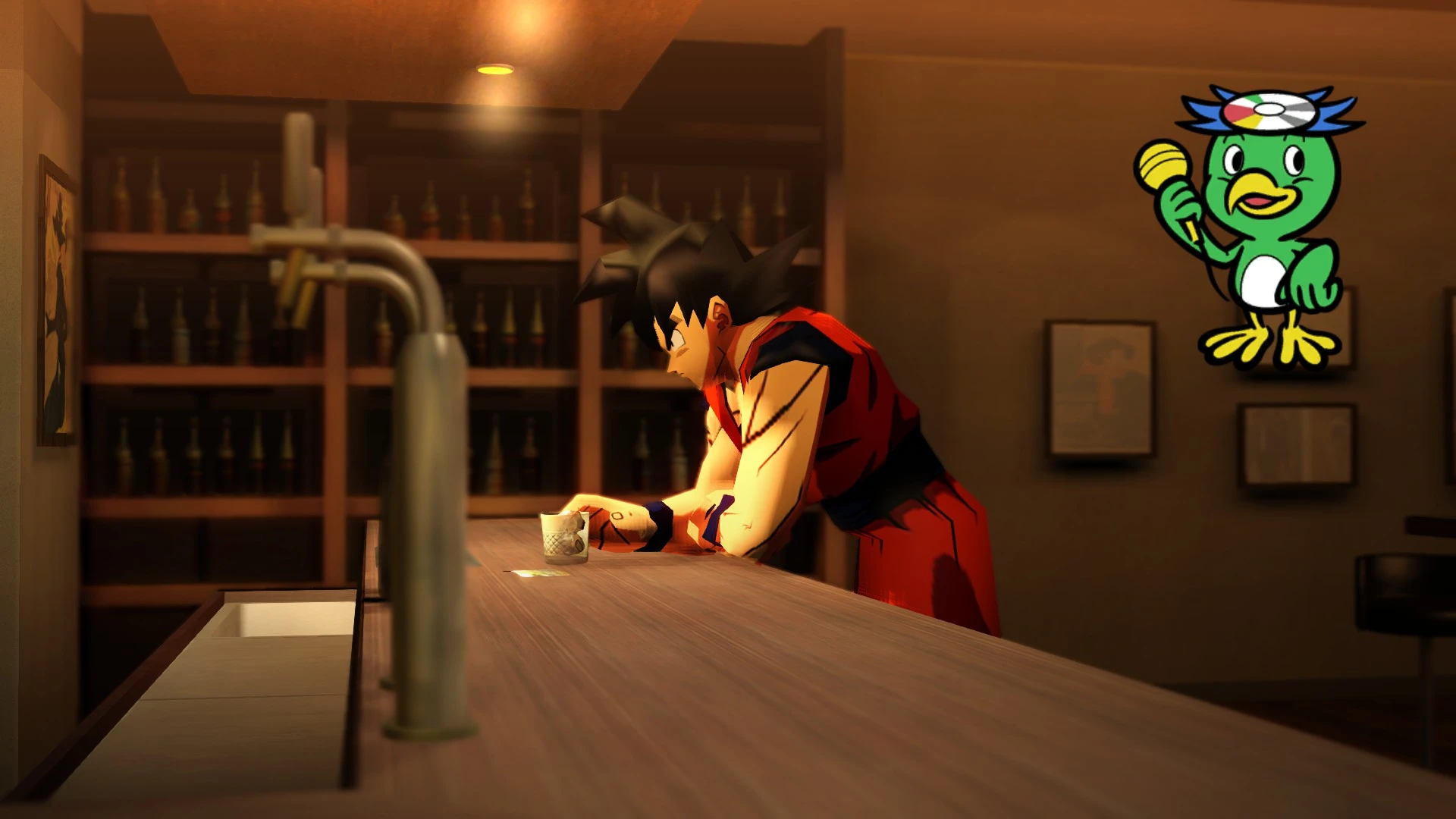Kiryu modded to look like Goku while sitting at a bar during a karaoke sequence in Yakuza 0.