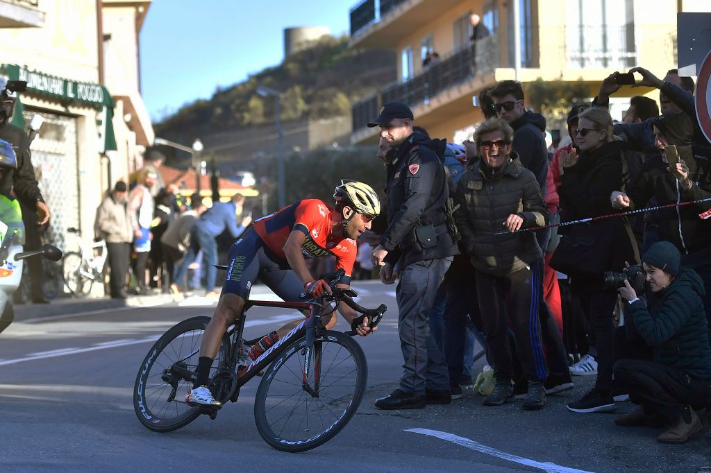 SANREMO, ITALY - MARCH 17: Vincenzo Nibali of Italy and Team Bahrain-Merida, attack on the Poggio Di Sanremo 160m during the 109th Milan-Sanremo 2018 a 291km race from Milan to Sanremo on March 17, 2018 in Sanremo, Italy. (Photo by pool lp Tim de Waele/Getty Images)