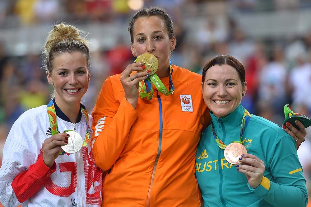 The women's keirin podium: Great Britain's Rebecca James, Elis Ligtlee of the Netherlands and Anna Meares of Australia