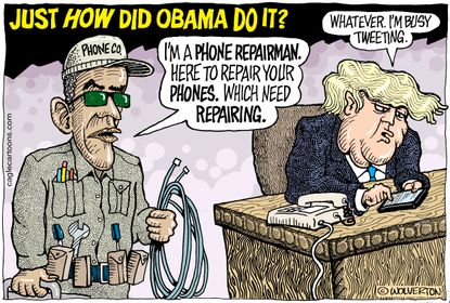Political Cartoon U.S. Obama wire tap phone lines President Trump busy tweeting