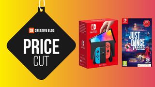 A product shot of the Nintendo Switch OLED and Just Dance game on a colourful background with the words price cut