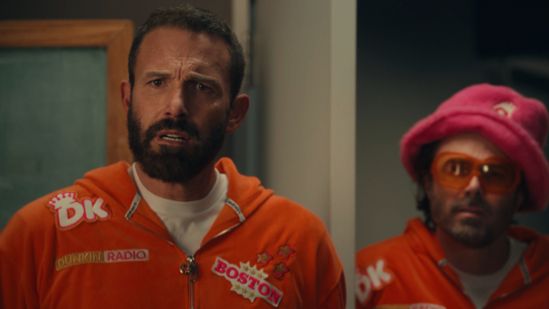 L-R: Ben and Casey Affleck in their DunKings&#039; tracksuits as seen in Dunkin&#039; Donuts&#039; Super Bowl 2025 commercial