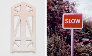 LEFT: A geometric designed white object, photographed against a white background; RIGHT: Red road stop sign with flowers in the background photographed during the day.