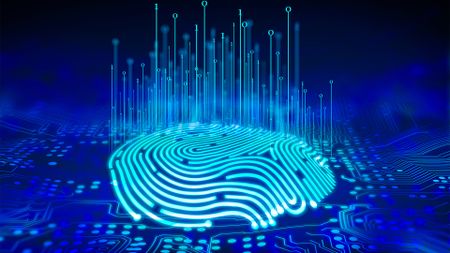 Identity security concept image showing a fingerprint placed on top of a digital interface.