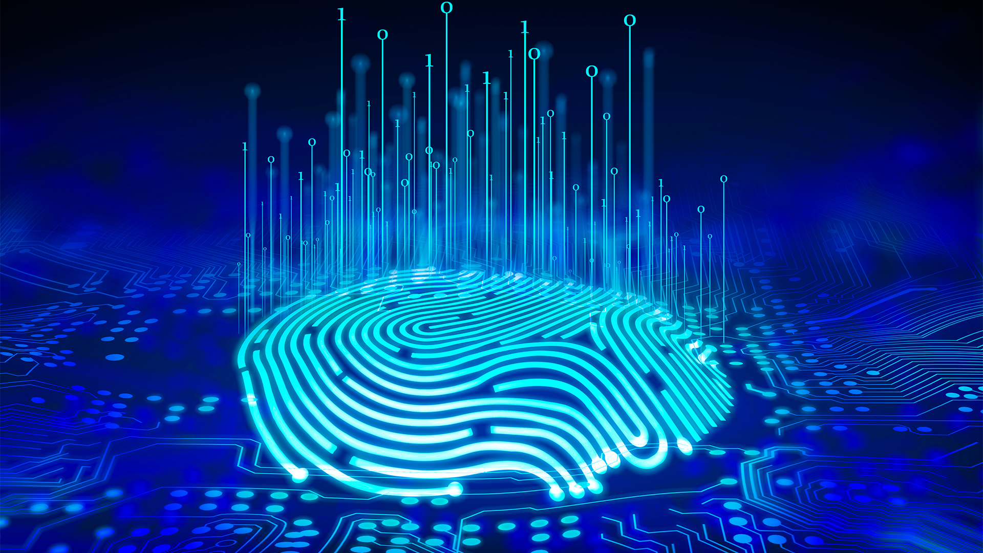 Identity security concept image showing a fingerprint placed on top of a digital interface.