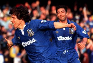 Gianfranco Zola celebrates scoring against Sunderland in his first season at Chelsea
