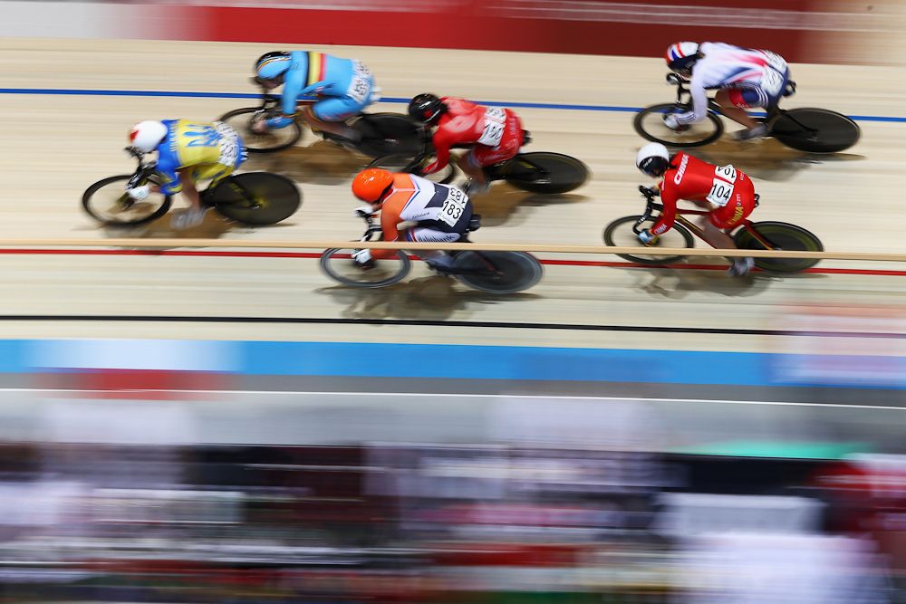 Nicky Degrendele is a Belgium, Lili Liu of China, Katy Marchant of Great Britain, Lee Wai Sze of Hong Kong, Shanne Braspennincx of the Netherlands and Lyubov Basova, nee Lyubov Shulika of Ukraine compete in the Women's Keirin Final