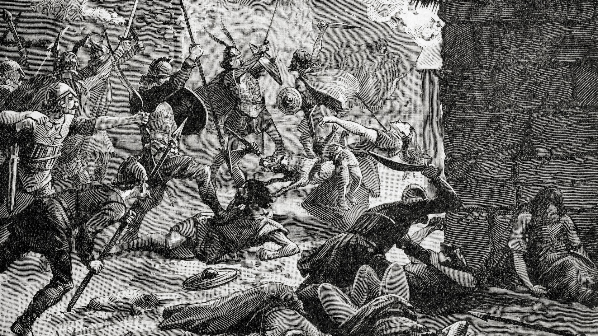 an engraving of a violent Viking raid