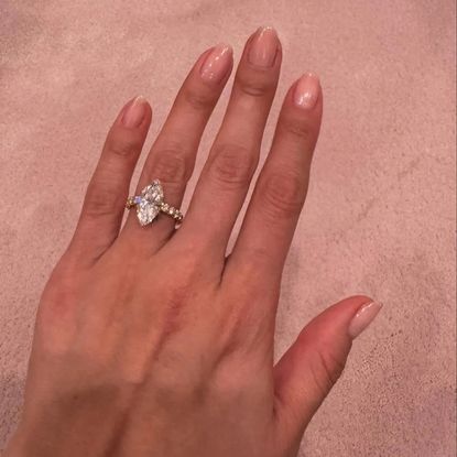 Selena Gomez wearing a marquise diamond engagement ring on her Instagram stories