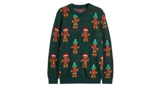 best Christmas Jumpers featuring a green jumper with gingerbread man all over it