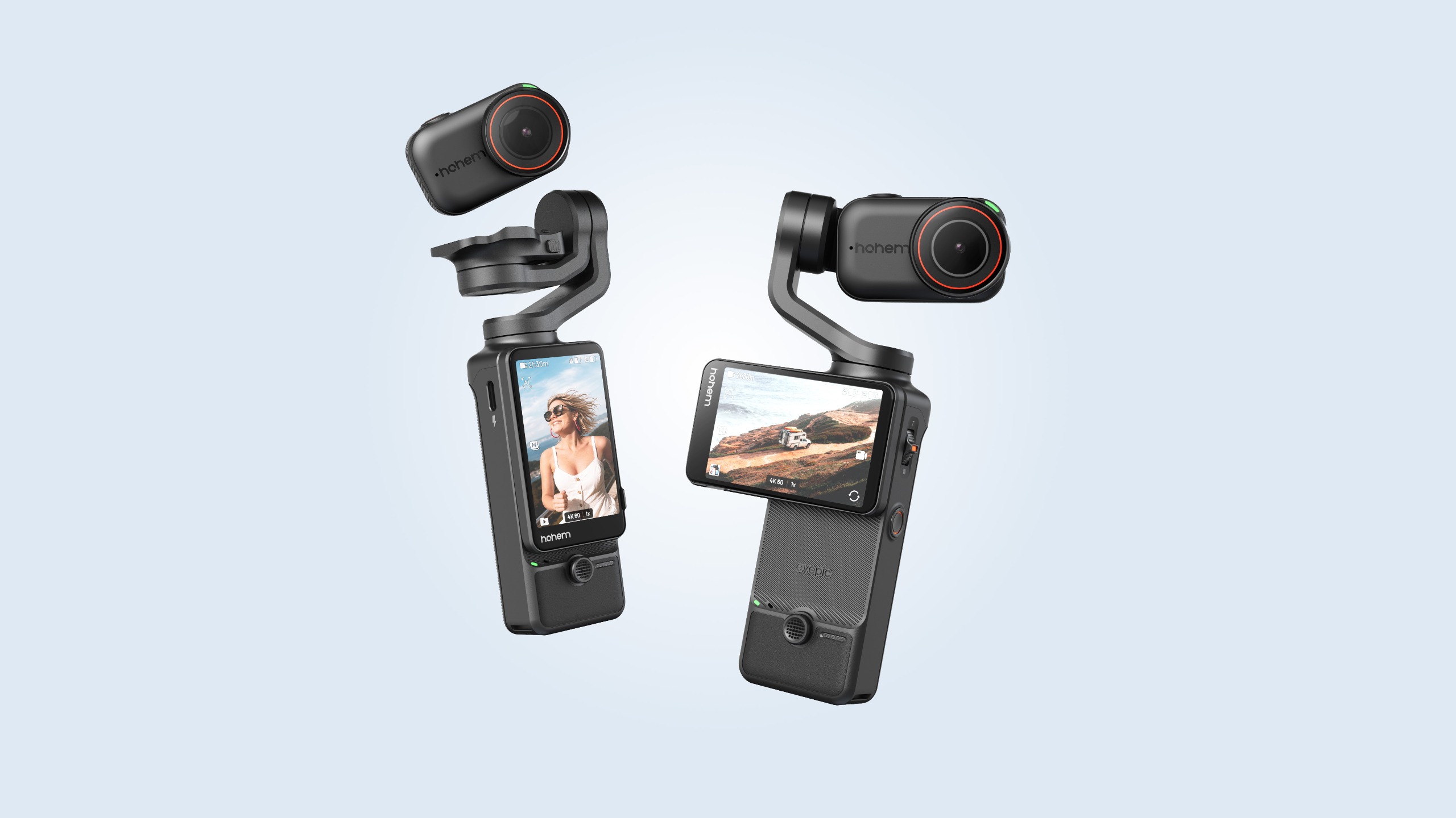 The Hohem Eypic camera gimbal on a colored background