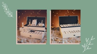 Two photos of the Jo Malone advent calendar. One of them closed, the other open. They are overlaid on a green background with a floral motif and drop shadows