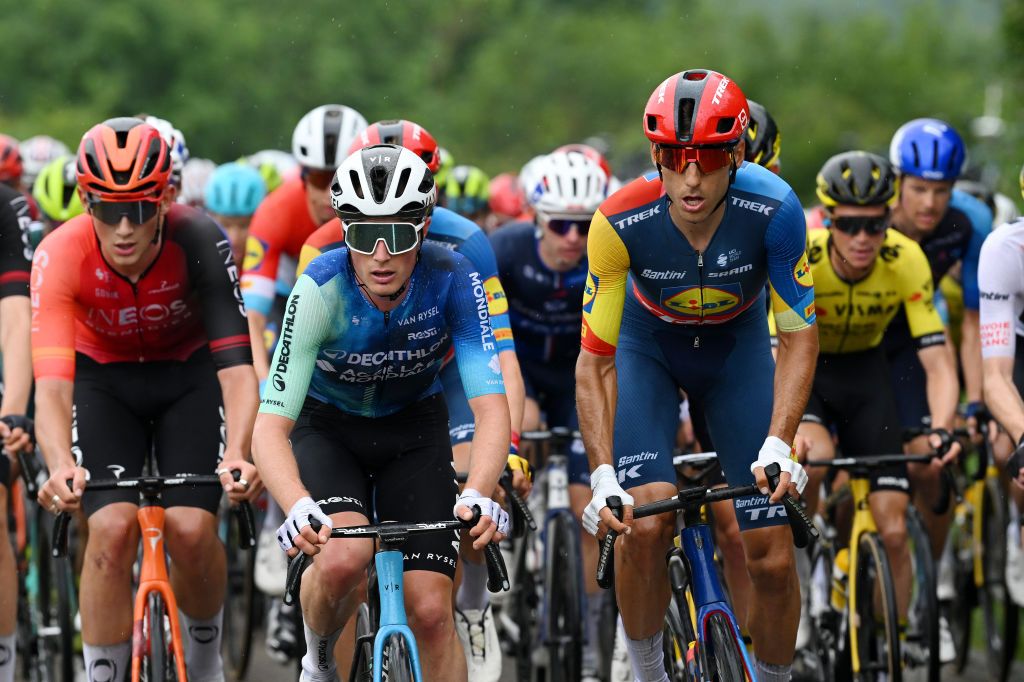 BOISSETSAINTPRIEST FRANCE JUNE 06 LR Nicolas Prodhomme of France and Decathlon AG2R La Mondiale Team and Carlos Verona of Spain and Team Lidl Trek compete during the 76th Criterium du Dauphine 2024 Stage 5 a 167km stage from Amplepuis to SaintPriest UCIWT on June 06 2024 in BoissetSaintPriest France Photo by Dario BelingheriGetty Images