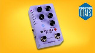 A purple Mooer R7 X2 reverb pedal on a yellow background