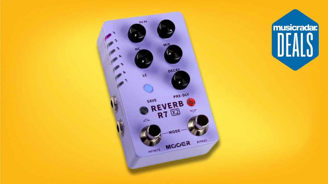 A purple Mooer R7 X2 reverb pedal on a yellow background