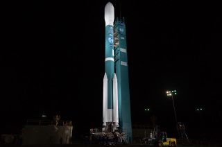 The final Delta II rocket to fly is seen shortly after the mobile service tower at Space Launch Complex-2 was rolled back for the vehicle's 155th and last mission on Saturday, Sept. 15, 2018, at Vandenberg Air Force Base in California. Team members referred to the rocket's distinctive hue as "Delta Blue."