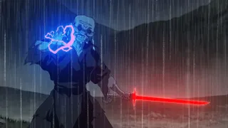 A man holds a lightsaber and stands in the rain.