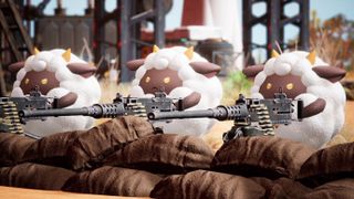 Three sheep-like creatures with guns in Palworld.