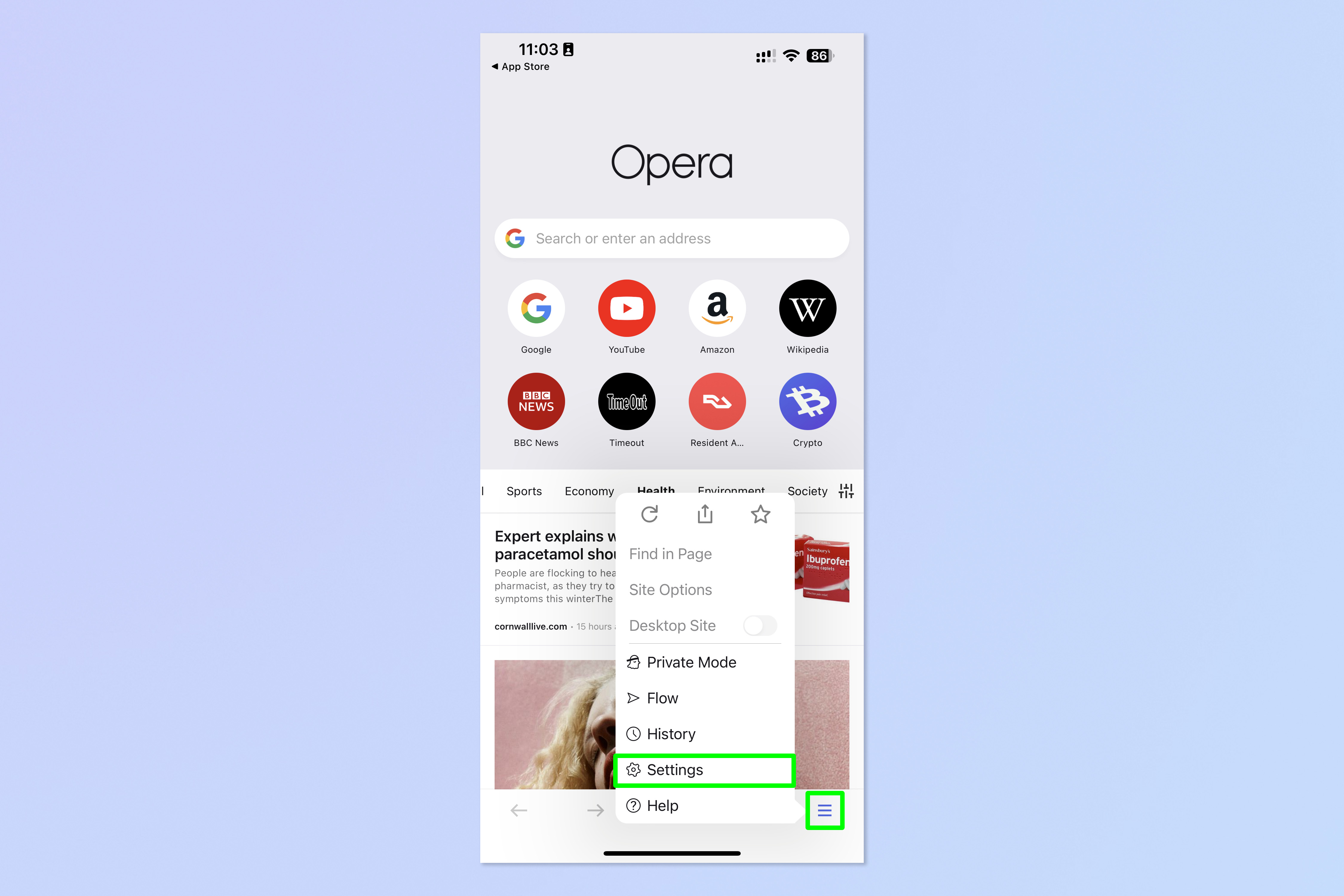 Una captura de pantalla que muestra los pasos necesarios para bloquear anuncios en iPhone de forma gratuita usando Opera