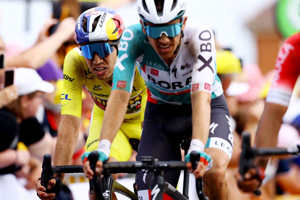 WALLERS FRANCE JULY 06 Wout Van Aert of Belgium and Team Jumbo Visma Yellow Leader Jersey crosses the finish line during to the 109th Tour de France 2022 Stage 5 a 157km stage from Lille to WallersArenberg TDF2022 WorldTour on July 06 2022 in Wallers France Photo by Michael SteeleGetty Images